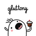 Gluttony sin hand drawn illustration with eating marshmallow cake sweets bakery diet for prints posters body positive