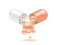 Glycine amino acid float out of the capsule. Vitamins complex and minerals orange
