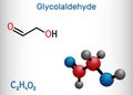 Glycolaldehyde molecule. It contains aldehyde group and hydroxyl group. Structural chemical formula and molecule model