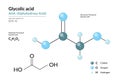 Glycolic acid. AHA Alphahydroxy acid. Structural chemical formula and molecule 3d model. Atoms with color coding. Vector