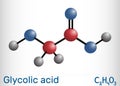 Glycolic acid, hydroacetic or hydroxyacetic acid, C2H4O3 molecule. It is alpha hydroxy acid, AHA. Molecule model