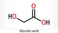 Glycolic acid, hydroacetic or hydroxyacetic acid, C2H4O3 molecule. It is alpha-hydroxy acid, AHA. Skeletal chemical formula