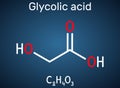 Glycolic acid, hydroacetic or hydroxyacetic acid, C2H4O3 molecule. It is alpha-hydroxy acid, AHA. Structural chemical formula on