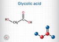 Glycolic acid, hydroacetic or hydroxyacetic acid, C2H4O3 molecule. It is alpha-hydroxy acid, AHA. Structural chemical formula and