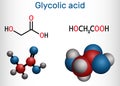 Glycolic acid, hydroacetic or hydroxyacetic acid, C2H4O3 molecule. It is alpha-hydroxy acid, AHA. Structural chemical formula and