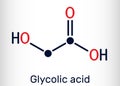 Glycolic acid, hydroacetic or hydroxyacetic acid, C2H4O3 molecule. It is alpha-hydroxy acid, AHA. Structural chemical formula