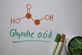 Glycolic acid molecule write on the white board. Structural chemical formula. Education concept