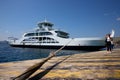 Glyfa village, Greece - August 15, 2023: Ferryboat docked at the harbour of Glyfa in Greece Royalty Free Stock Photo