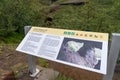 Glymur, Iceland - June 30, 2023: Informational storyboard sign explaining the Pvottahellir Cave on the Glymur waterfall trail