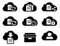 Glyph cloud computing icons set featuring file synchronization, sharing, security, download, and user management for Royalty Free Stock Photo