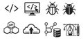 Glyph style software development icon set featuring code, monitor, bug, API, cloud, database, and pen tool for engineering Royalty Free Stock Photo