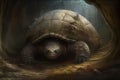 A Glyptodon emerging from underground startling explorers.. AI generation