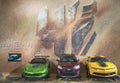 GM cars Chevrolet Camaro, Corvette Stingray C7 concept and Chevrolet Sonic RS Rally Car from new movie Transformers 4 Royalty Free Stock Photo
