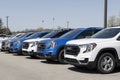 GMC Terrain SUV display at a dealership. GMC offers the Terrain in SLE, SLT, AT4 and Denali models