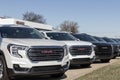 GMC Terrain SUV display at a dealership. GMC offers the Terrain in SLE, SLT, AT4 and Denali models