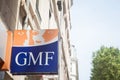 GMF logo in front of their local agency in Lyon. GMF, or Garantie Mutuelle des Fonctionnaires is a mutual insurance & reinsurance