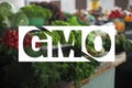 GMO free products. Blurred view of ripe vegetables and herbs on counter at wholesale market Royalty Free Stock Photo