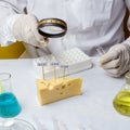 GMO Genetically modified food in lab concept. lab assistant Food safety laboratory procedure, analysing fruits from the market Royalty Free Stock Photo