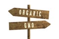 Gmo or Organic Farming Wooden Direction Sign. Royalty Free Stock Photo