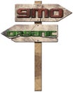 GMO and Organic - Wooden Directional Signs Royalty Free Stock Photo