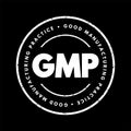 GMP Good Manufacturing Practice - system for ensuring that products are consistently produced and controlled according to quality