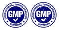 GMP Good Manufacturing Practice, vintage grunge certified round stamp - Vector