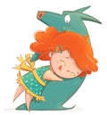 Ginger Girl in a dress with a bow hugging her Dog on a white background. Cartoon character illustration. Large format.