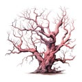 A gnarled and ancient tree with a pink-hued trunk and bare branches Royalty Free Stock Photo