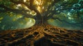 The gnarled roots of a sy tree spread out in all directions grounding and connecting the entire ecosystem of life