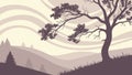 Gnarled Tree on Hill: Stylized Misty Landscape Scene, vector design Generative AI Royalty Free Stock Photo