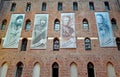 GNIEW, POLAND. Banners with portraits of Polish princes, kings and military leaders on the inner wall of inner wall of the Teuton