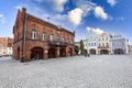 Gniew, Pomeranian Voivodeship Poland - April, 16, 2021: Market square in the center of a small town. Old town houses in Central