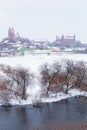Gniew town in winter scenery at Wierzyca river Royalty Free Stock Photo