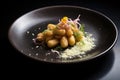 gnocchi in brown butter on a dark plate