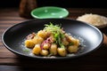 gnocchi in brown butter on a dark plate