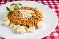 GNOCCHI COOKED WITH GROUND MEAT IN TOMATO SAUCE, COVERED IN GRATED CHEESE MOUNTED ON A WHITE PLATE ON A CHEERED TOWEL