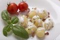 Gnocchi with cream and bacon on plate served and decorated