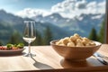 Gnocchi Dish with Dolomites Mountain Range Backdrop