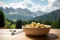 Gnocchi Dish with Dolomites Mountain Range Backdrop