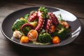 Gnocchi with fresh vegetables, sauce and octopus tentacles.