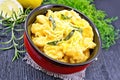 Gnocchi pumpkin with lemon in bowl on dark board