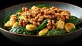 Gnocchi, spinach, walnut salad, dark background, healthy meal Royalty Free Stock Photo