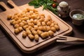 gnocchi on a wooden board with fork marks