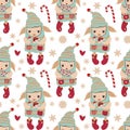 Seamless vector pattern with Santa`s helpers elves, gifts with bows, snowflakes in a modern simple style.