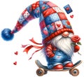 Gnome in action while standing on a skateboard holding red rose, Valentine\'s Day