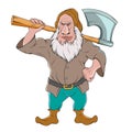 Gnome with an axe. Vector illustration fantasy people. Garden dwarf with beard in hat