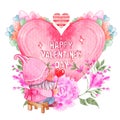 Gnome and big heart with pink rose . Watercolor painting design . Valentine day concept . White isolate background . Illustration