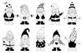 Gnome. Cartoon funny Nordic dwarf. Black and white Scandinavian holiday elves with greeting gestures. Fairy tale happy