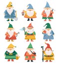 Gnome characters. Cartoon garden dwarf, cute beard men. Season spring summer gardening fantasy funny decoration for lawn