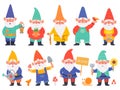 Gnome characters. Cute gnomes with beard funny garden decoration, adorable dwarfs with lantern, watering can and flowers